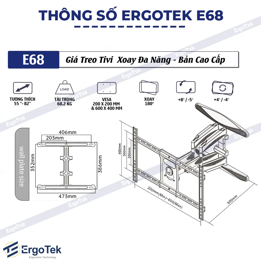 Giá Treo Tivi Xoay Đa Năng ErgoTek E68 55–82 Inch - Ảnh 10